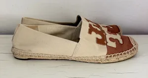 Tory Burch Double T Logo Canvas Espadrille Flats Brown Cream Size 9 thumbnail 1