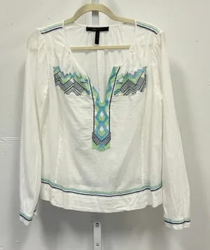 BCBGMAXAZRIA White Embroidered Gauze Peasant Blouse Boho Long Sleeve Top Small thumbnail 1