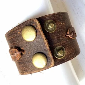 Distressed Brown Leather Cuff Bracelet Rustic Wide Snap thumbnail 4