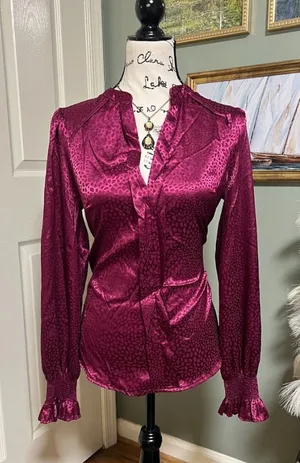 Burgundy Satin Ruffle Blouse Size S Romantic Vampy Dark Feminine Fall thumbnail 1