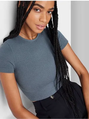 Wild Fable Small Slate Blue Glitter Shimmer Ribbed Crop Tee Short Sleeve Gym thumbnail 4