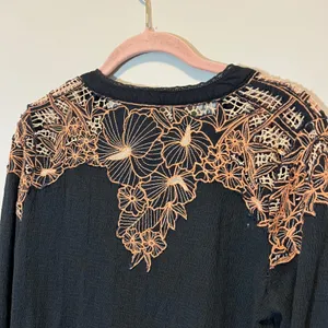 Free People Black Peach Floral Lace Embroidered Henley Long Sleeve Top Medium thumbnail 8