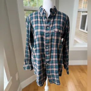 Vintage Lands End Tan Green Purple Plaid Wool Cotton Button Down Flannel Shirt M thumbnail 9