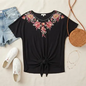 Entro Womens 1X Black‎ Waffle Knit Floral Embroidered Front Tie Knot Top thumbnail 1