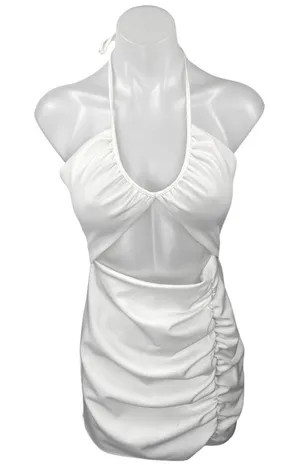 Zara White Halter Sleeveless Cutout Open Back Ruched Mini Bodycon Dress Size S thumbnail 1