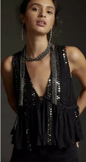Anthropologie Black Sequin Embellished Top thumbnail 1