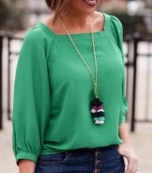 LOFT square neck relaxed fit flowy top blouse emerald kelly green M thumbnail 1