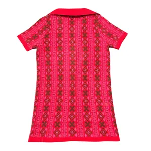 Free People Pink Red Geometric Knit Sweater Polo V-Neck Short Sleeve 70s Boho thumbnail 4