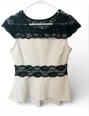 New York & Company Black White Lace Peplum Top Size M Side Zip Office Date Night thumbnail 1