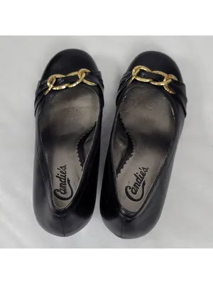 Candies Black Faux Leather Chunky Kitten Heels Pump With Gold Chain Bow Sz 8 M thumbnail 3