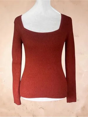 Nine West Rust Scoop Neck Ribbed Knit Sweater thumbnail 1