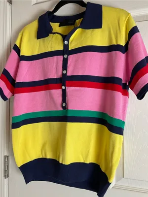 NWT Zara Multi-Stripe Short Sleeve Knit Polo Sweater Top Yellow Pink Blue Large thumbnail 4