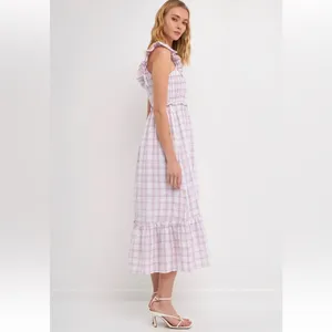 Main Strip Smocked linen type gingham plaid dress thumbnail 3