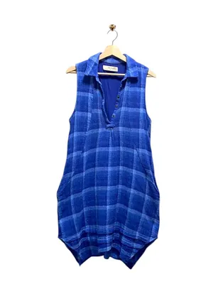 Anthropologie Isabella Sinclair Tillie Linen Plaid Dress Blue Size M Cottagecore thumbnail 2