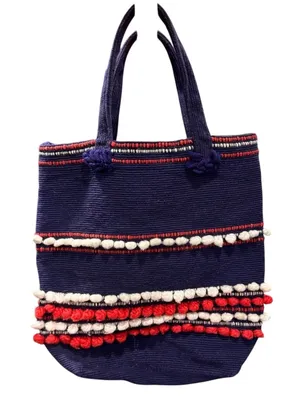 Vintage Arrowcraft shop earthy handwoven Stylish Navy Tote with Pom-Pom Details thumbnail 1