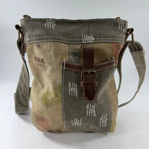 Canvas Patchwork Crossbody Bag Olive Tan Distressed Military Style Messenger thumbnail 1