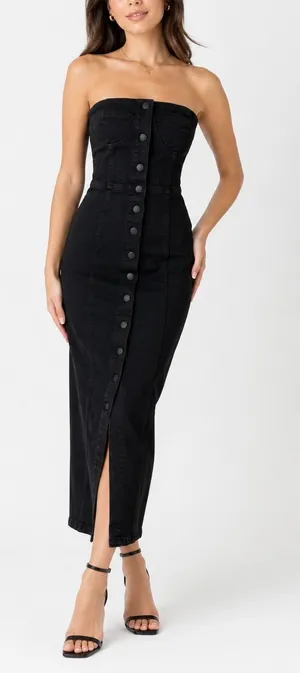 Zara Black Denim Strapless Button-Front Midi Dress with Slit thumbnail 1