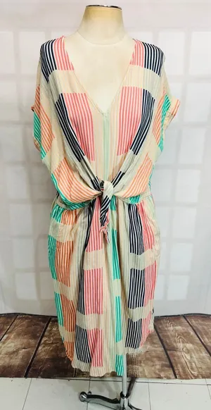 Lou & Grey by Loft Short Sleeve Tie Front Striped V-Neck Mini Dress Size XL thumbnail 1
