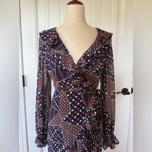 The Sang Navy Orange Polka Dot Patchwork Ruffle Maxi Dress Womens Small SDD30145 thumbnail 2