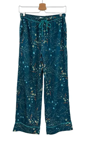 Bed To Brunch Botanical Pajama Lounge Pants Teal Satin Feel Drawstring Small‎ thumbnail 1