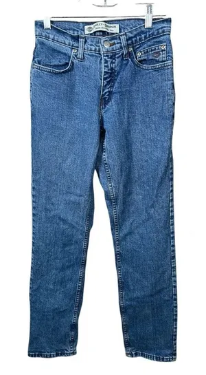 Harley Davidson Blue Jeans Women Size 0 Straight Leg Biker Classic Moto Grunge‎ thumbnail 1