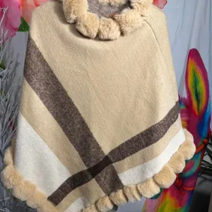 H93. Beautiful cream and brown poncho with fur trim thumbnail 1