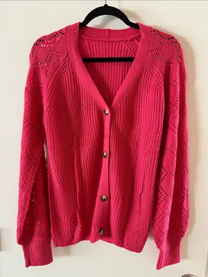 Women’s Hot Pink V-Neck Button Cardigan Sweater thumbnail 1