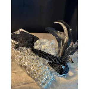 1920s Flapper Accessory Set Faux Pearl Necklace Bracelet Feather Headband Gloves thumbnail 2