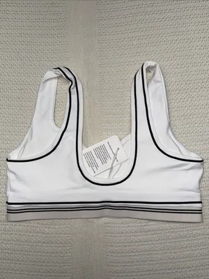 White Sports Bra with Taupe Band and Black Piping thumbnail 2
