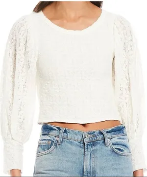 Free People Jasmine Tea Time Cream Textured Puff-Sleeve Knit Top Keyhole Back thumbnail 1