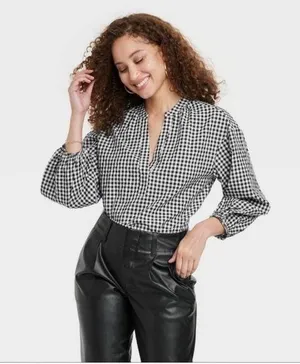 A New Day Black and White Gingham V-Neck Puff 3/4 Sleeve Oversized Top thumbnail 1