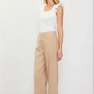 Skies Are Blue Small Tan Linen Cropped High Rise Pin Striped Pants‎ 73976 Latte thumbnail 4