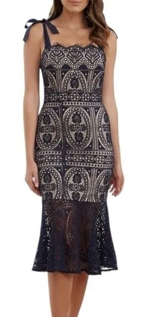 Two Sisters the Label Reneylla‎ Midi Dress Navy Crochet Trumpet Tie Strap Size 4 thumbnail 1