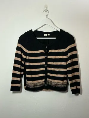 Anthropologie Moth Tan & Black Striped Cardigan Sweater Size Small thumbnail 2