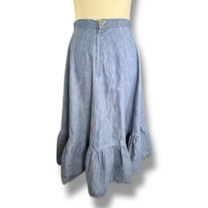 Handmade‎ Chambray Ruffle Hem Flowing Midi Skirt Western Boho Romantic Denim Blue thumbnail 3