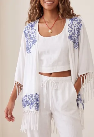 Entro Boho Embroidered Fringe Open Front Kimono Cardigan Cover-Up resortwear thumbnail 1