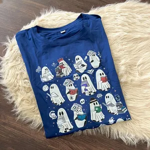 Source Unknown NWOT Blue Reading Ghosts Spooky Halloween Graphic T-shirt Size XL thumbnail 1