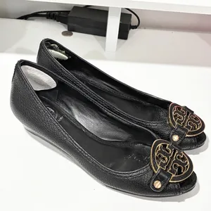 Tory Burch Amanda Demi Wedge Black Open Toe Leather Logo Size 6.5‎ thumbnail 3