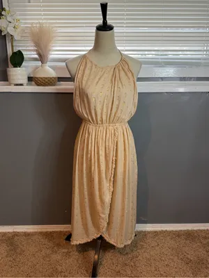 Surf Gypsy Halter Maxi Dress Size M Boho Gold Shimmer Backless Tassel thumbnail 3