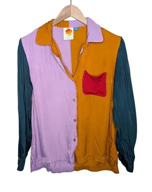 Farm Rio For Anthropologie Colorblock Button-Up Satin Shirt Size S thumbnail 1