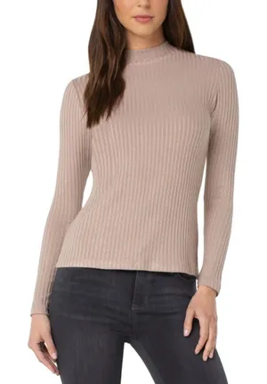 NWT Liverpool Mock Neck Ribbed Knit Top Sandstone Tan Size Large LM8229K61 thumbnail 1