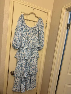 Boutique Blue and white floral maxi long sleeve with ruffle skirt thumbnail 2