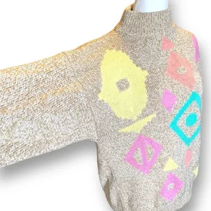 Vintage‎ 90s Sweater Geometric Multicolor Cropped Yellow Neutral Pullover Knit thumbnail 5