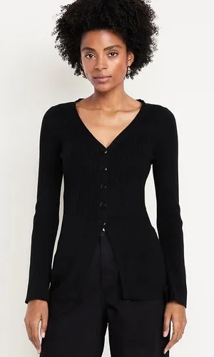 Old Navy Cardigan Sweater Womens L Black SoSoft Lite Ribbed V-Neck Minimalist thumbnail 1