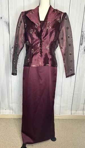 Karen Miller Purple Dress Suit Set Sz 8 Sheer Embroidered Jacket Sheath Dress thumbnail 1