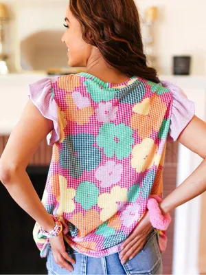 Haptics Floral Waffle Knit Flutter Sleeve Top Pink Multicolor Size Medium thumbnail 6