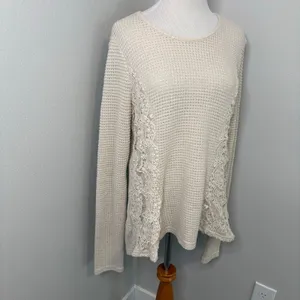 ANDTHEWHY Womens Cream Waffle Knit Lace Panel Long‎ Sleeve Top Small thumbnail 3