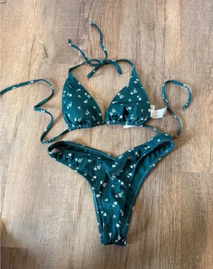 Hollister Swim Teal Floral Ribbed Triangle Bikini Set High Cut V Front Small thumbnail 1