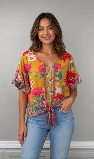 Umgee Floral Tie-Front Boho Blouse in Mustard thumbnail 1