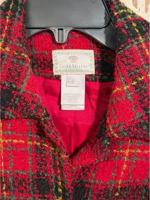 Vintage Susan Bristol red black plaid tweed blazer size 8, girl boss office thumbnail 2